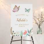 Butterfly Birthday Party Welcome Sign<br><div class="desc">Whimsical girl's birthday party welcome sign featuring illustration of pink and mint butterflies with colorful & gold flower garden.</div>