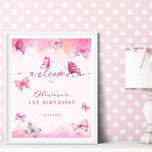Butterfly Birthday Pink & Gold Dust Welcome Poster<br><div class="desc">Cute pink butterfly themed baby girl birthday party welcome poster.</div>