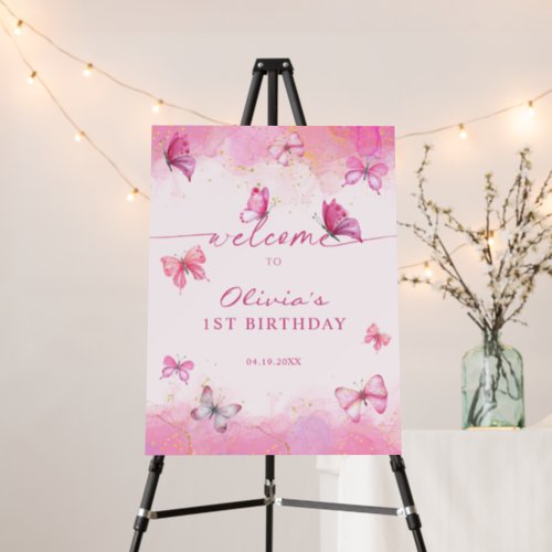 Butterfly Birthday Pink  Gold Dust Welcome Sign