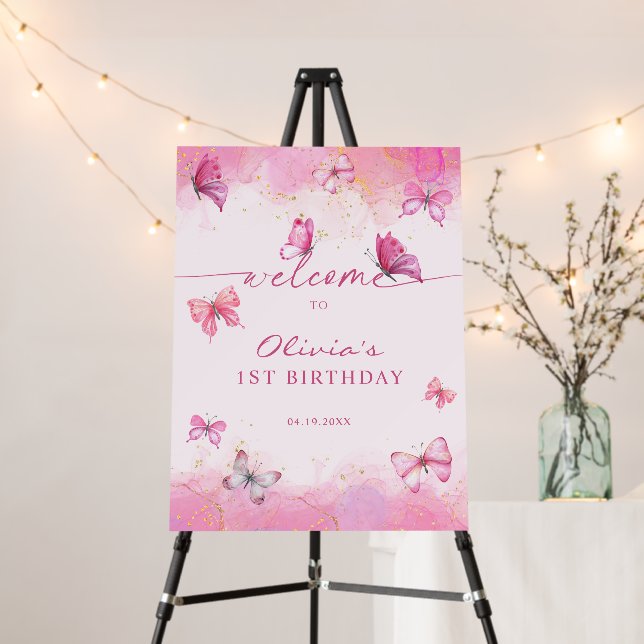 Butterfly Birthday Pink & Gold Dust Welcome Sign (In Situ (Stand))