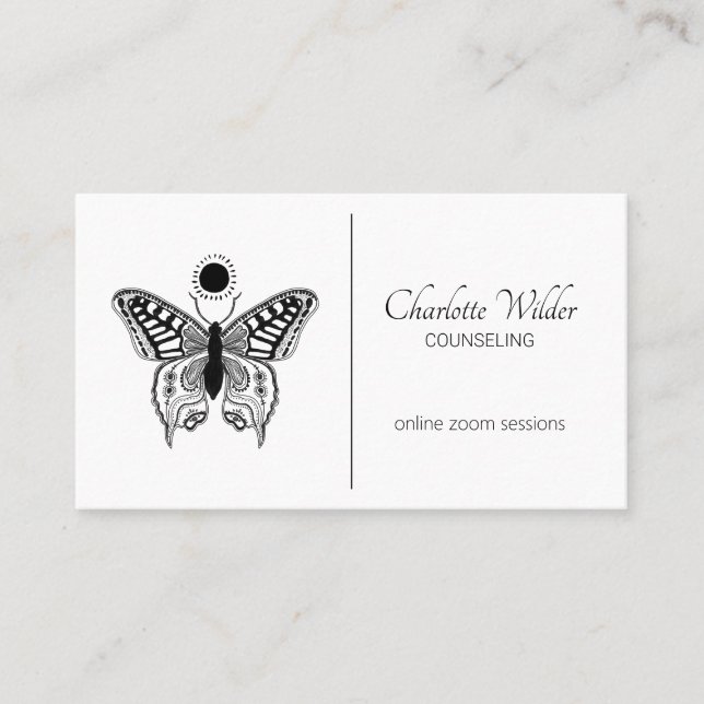 Butterfly Black And White Counselor Business Card (Front)