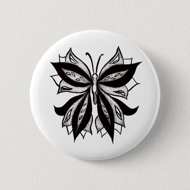 Butterfly Black And White Tribal Tattoo Button (Front)