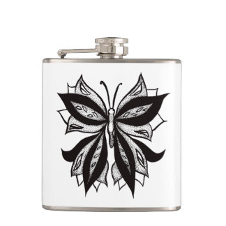 Butterfly Black And White Tribal Tattoo Flask