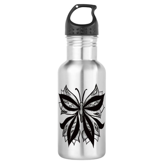 Butterfly Black And White Tribal Tattoo Stainless Steel Water Bottle (Front)