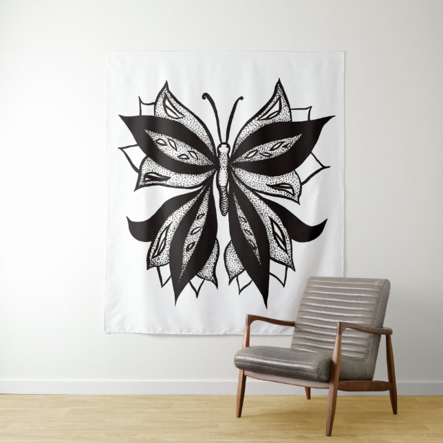 Butterfly Black And White Tribal Tattoo Tapestry (In Situ)