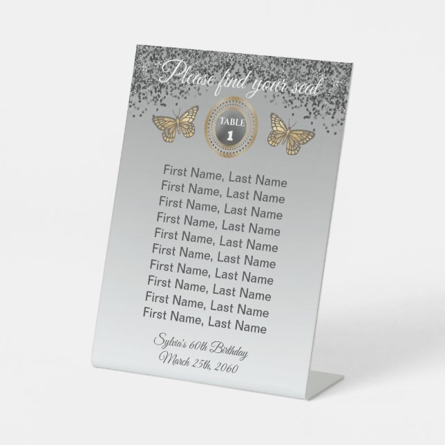 Butterfly & Black Glitter, Foil Table Number Sign  (Front)