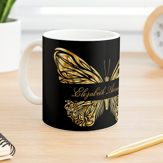 Butterfly black gold elegant name script coffee mug (Creator Uploaded)