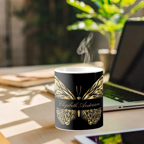 Butterfly black gold elegant name script coffee mug