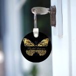 Butterfly black gold elegant name script keychain<br><div class="desc">An elegant black background decorated eith a faux gold butterfly. Personalize and add your name.</div>