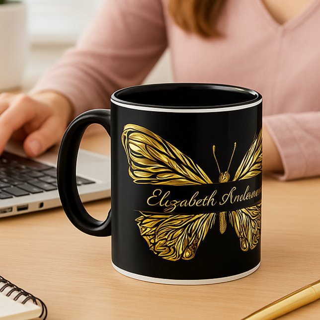 Butterfly black gold elegant name script mug (Creator Uploaded)