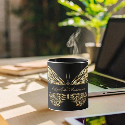 Butterfly black gold elegant name script mug