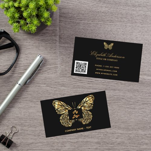 Butterfly black gold logo elegant QR code Business Card