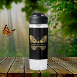 Butterfly black gold name script water bottle<br><div class="desc">A faux gold butterfly on a black background.  Personalize and add your name.</div>