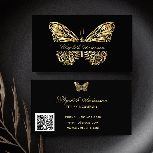 Butterfly black gold QR code elegant script Business Card