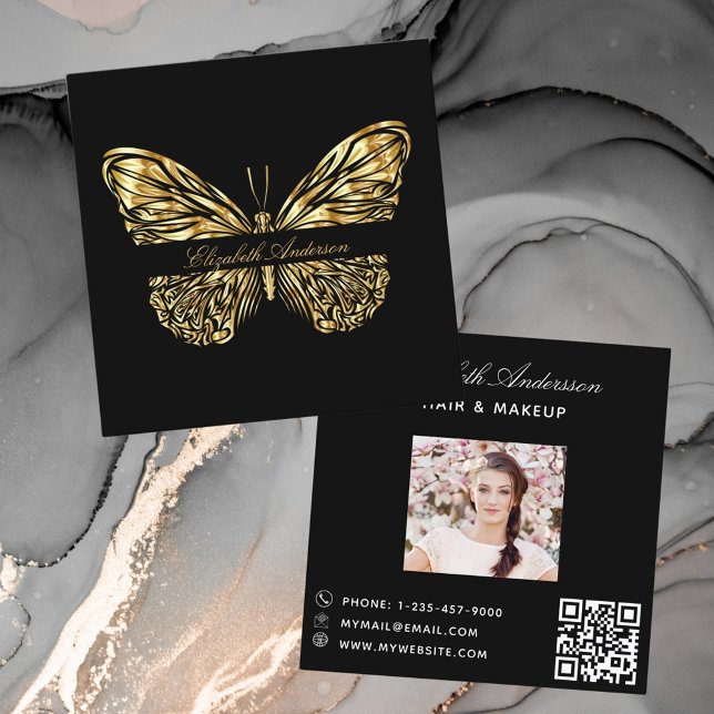 Butterfly black gold QR code script photo Square Business Card (Creator Uploaded)