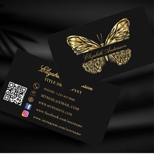 Butterfly black gold QR code social media Business Card (Creator Uploaded)