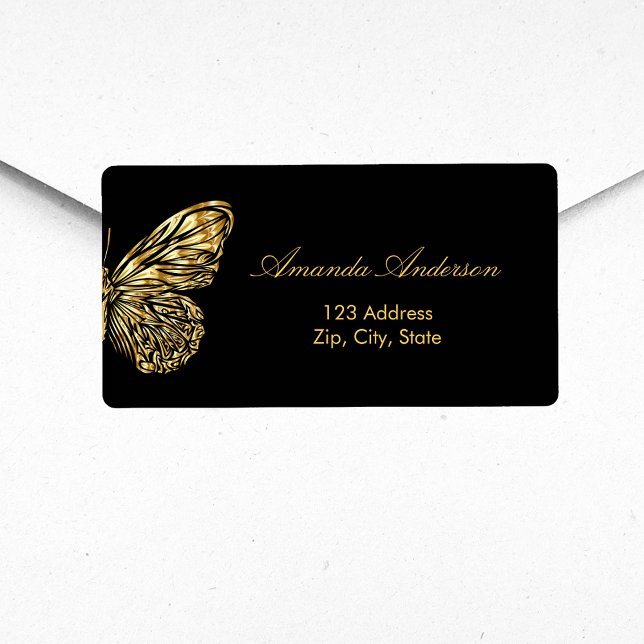 Butterfly black gold return address shipping label (Creator Uploaded)