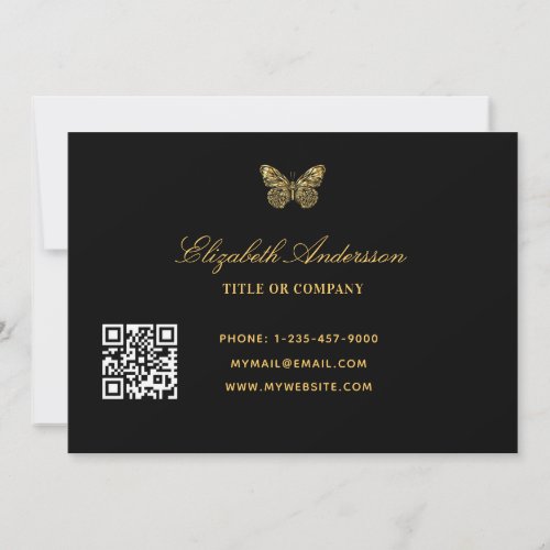 Butterfly black gold script QR code business card