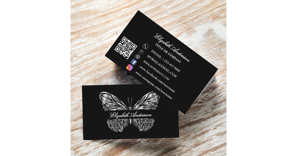 Butterfly black silver QR code elegant script Business Card | Zazzle