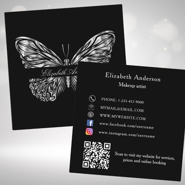 Butterfly black silver QR code elegant script Square Business Card (Creator Uploaded)