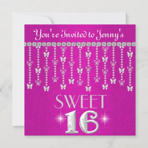 Butterfly BLING SWEET 16 HOT PINK Invitation