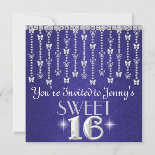 Butterfly BLING SWEET 16 ROYAL BLUE Invitation