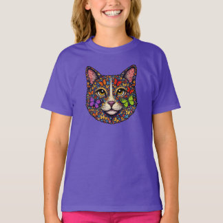 Butterfly Bloom Colorful Cat Portrait | Cute Girls T-Shirt