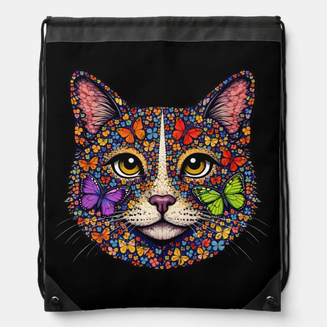 Butterfly Blooms Cat Portrait | Cats Mom Daypack Drawstring Bag (Front)