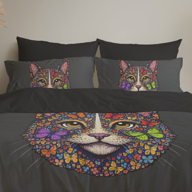 Butterfly Blooms Cat Portrait | Kitty Graphic Art  Pillow Case (Creator Uploaded)