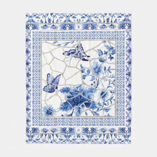 Butterfly Blue and White Chinoiserie Chic Flowers Fleece Blanket