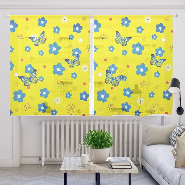 Butterfly Blue and Yellow Flower Sheer Curtains (Living Room)