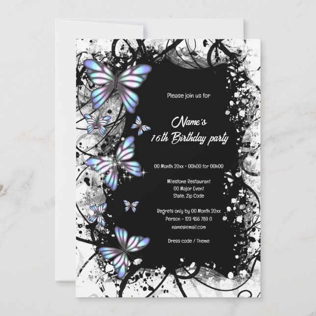 Butterfly blue black white floral snow swirl invitation (Back)