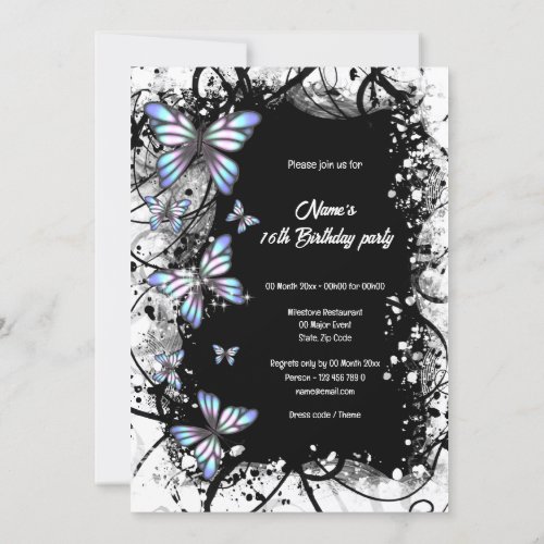Butterfly blue black white floral snow swirl invitation