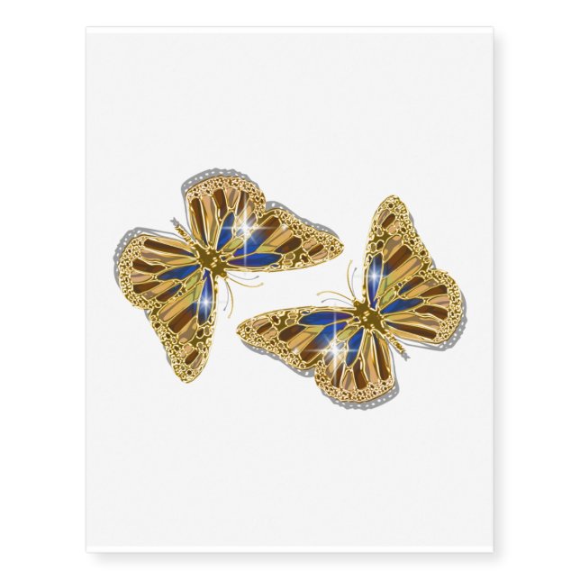 Butterfly blue brown gold elegant temporary tattoos (Front)