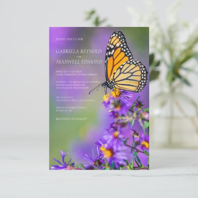 Butterfly Blue Customizable Aster Floral Wedding Invitation (Standing Front)