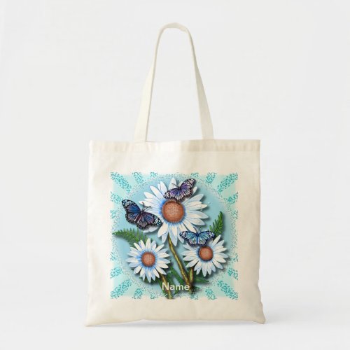 Butterfly Blue Daisies custom name Tote Bag