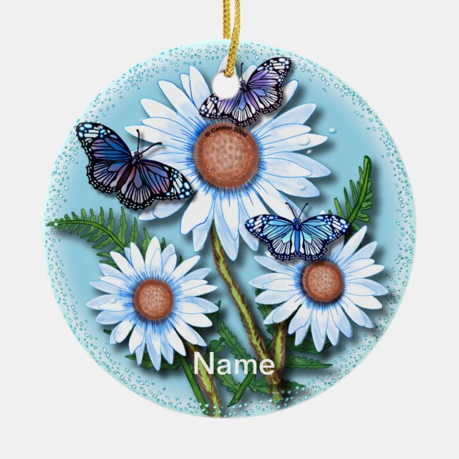 Butterfly Blue daisy Ornament (Front)