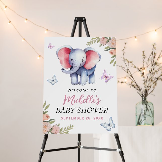 Butterfly Blue Elephant Baby Shower Welcome Sign   (In Situ (Stand))