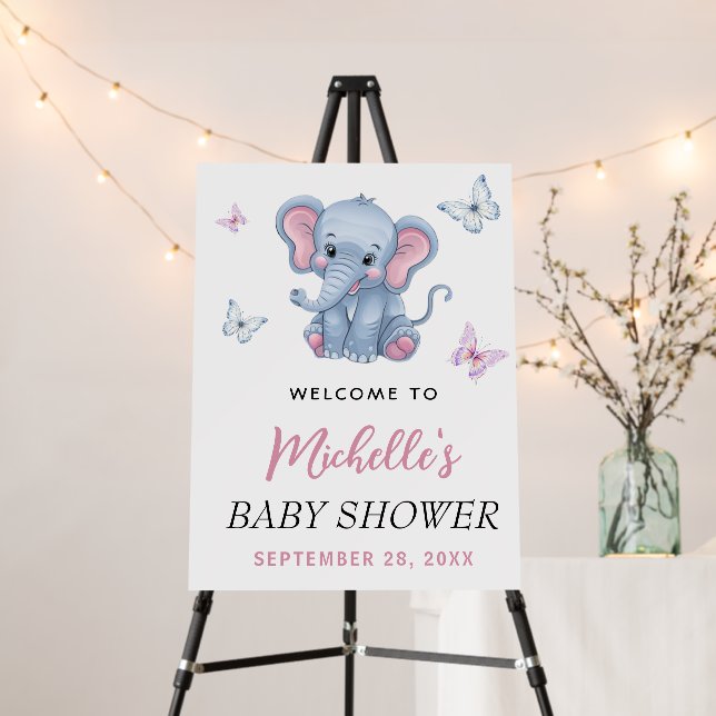 Butterfly Blue Elephant Baby Shower Welcome Sign  (In Situ (Stand))