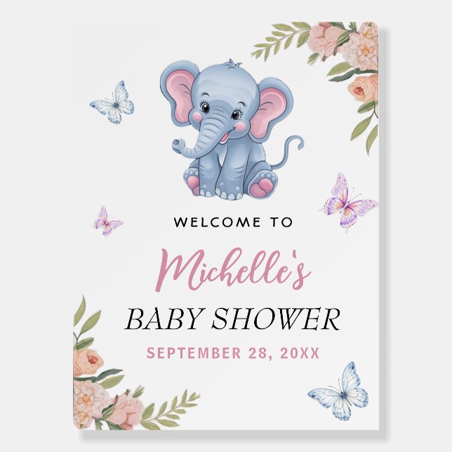 Butterfly Blue Elephant Baby Shower Welcome Sign   (Front)