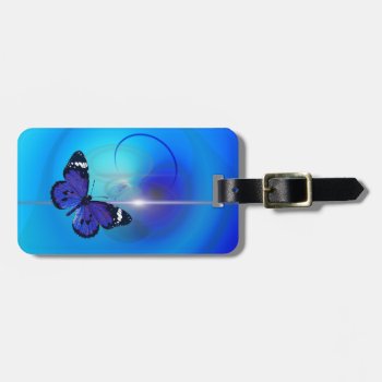 Butterfly Blue Luggage Tag With Leather Strap by Shopia at Zazzle