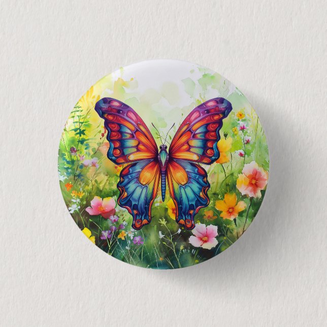 Butterfly Blue Orange Wings Button (Front)