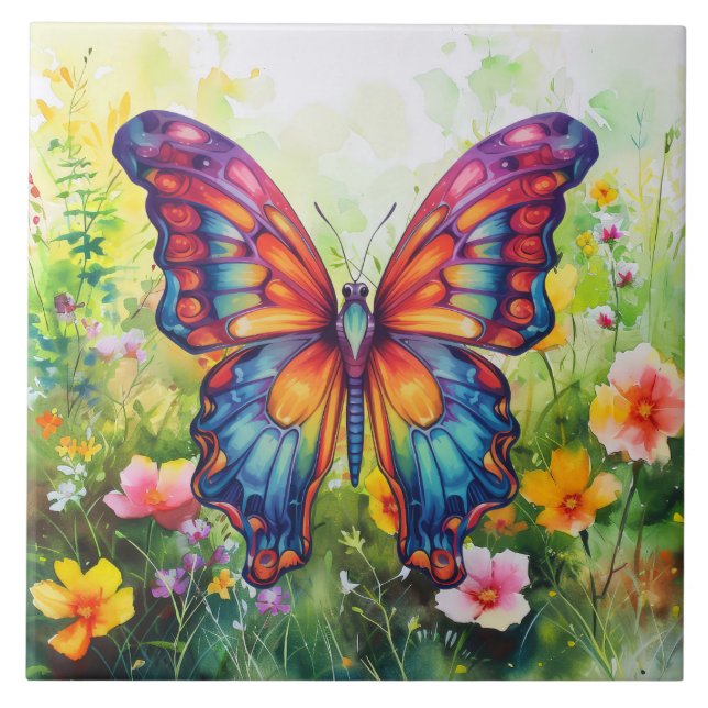 Butterfly Blue Orange Wings Ceramic Tile (Front)