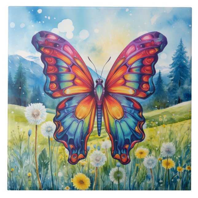 Butterfly Blue Orange Wings Ceramic Tile (Front)