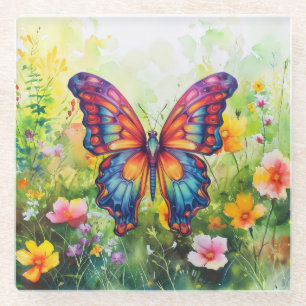 Butterfly Blue Orange Wings Glass Coaster