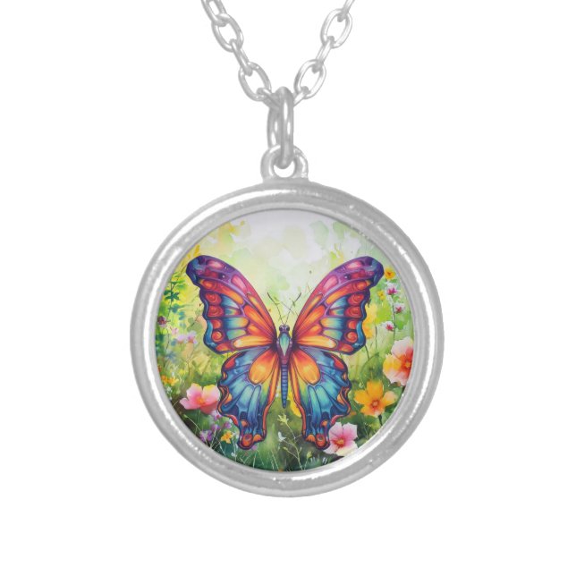 Butterfly Blue Orange Wings Silver Plated Necklace (Front)