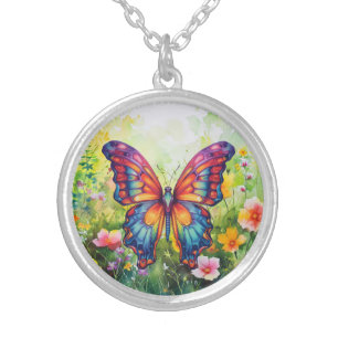Butterfly Blue Orange Wings Silver Plated Necklace