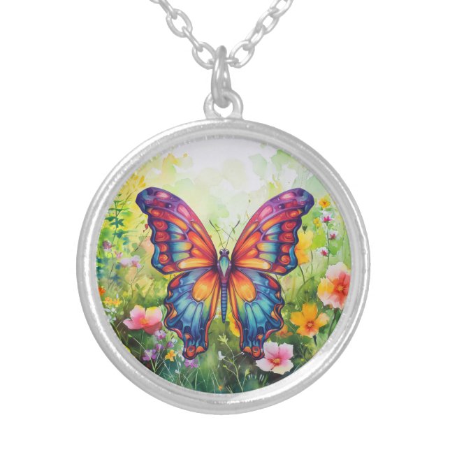 Butterfly Blue Orange Wings Silver Plated Necklace (Front)