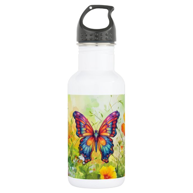 Butterfly Blue Orange Wings Stainless Steel Water Bottle (Front)