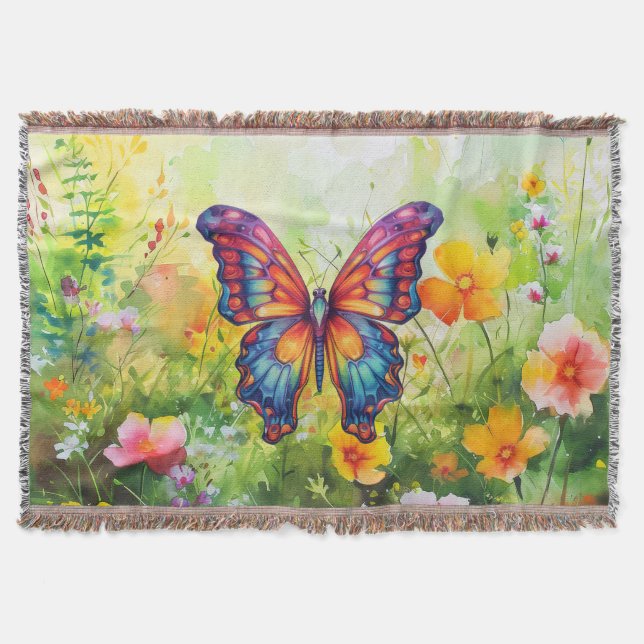 Butterfly Blue Orange Wings Throw Blanket (Front)